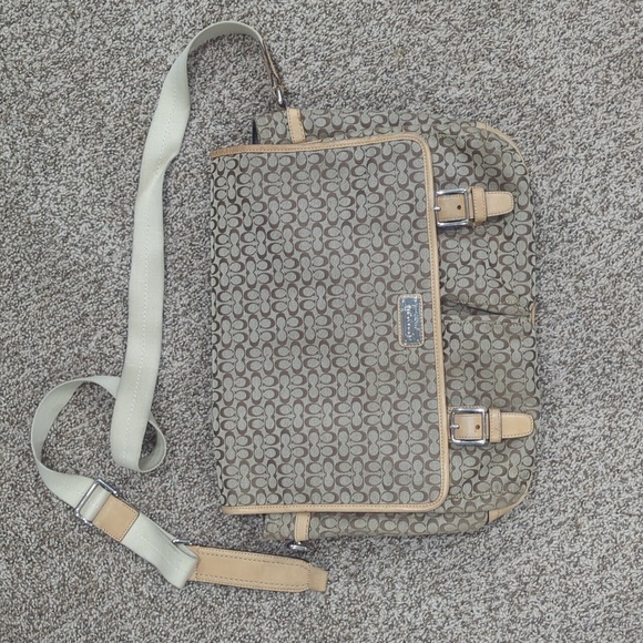 Coach imperfect fabric signature C leather trim brown and tan messenger … - Picture 1 of 16